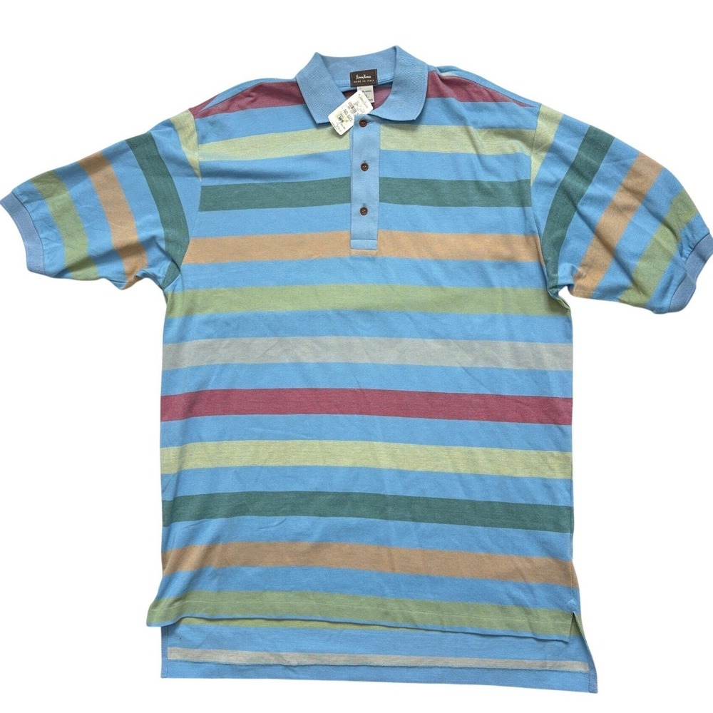 Neiman Marcus Mens XL Polo Shirt Made in Italy Cotton Striped Blue Multi NWT